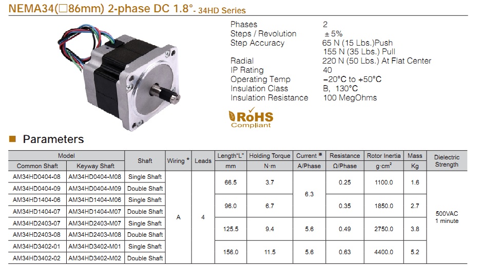 NEMA 34 (86X86MM) 2PHASE DC 1.8° Moons' step motor