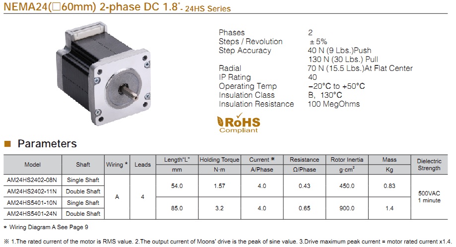 NEMA 24 (60X60MM) 2PHASE DC 1.8° Moons' step motor