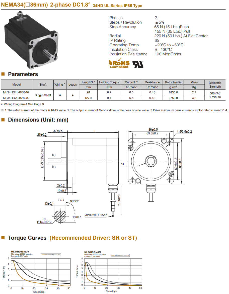 Động cơ bước Moons' tiêu chuẩn NEMA34(86mm) 1.2°3 Phase