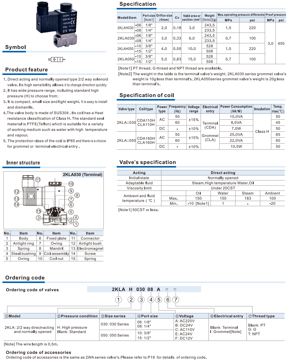 2KLA Series(Direct-acting and normally opened) Fluid Control Valve(2/2 way)