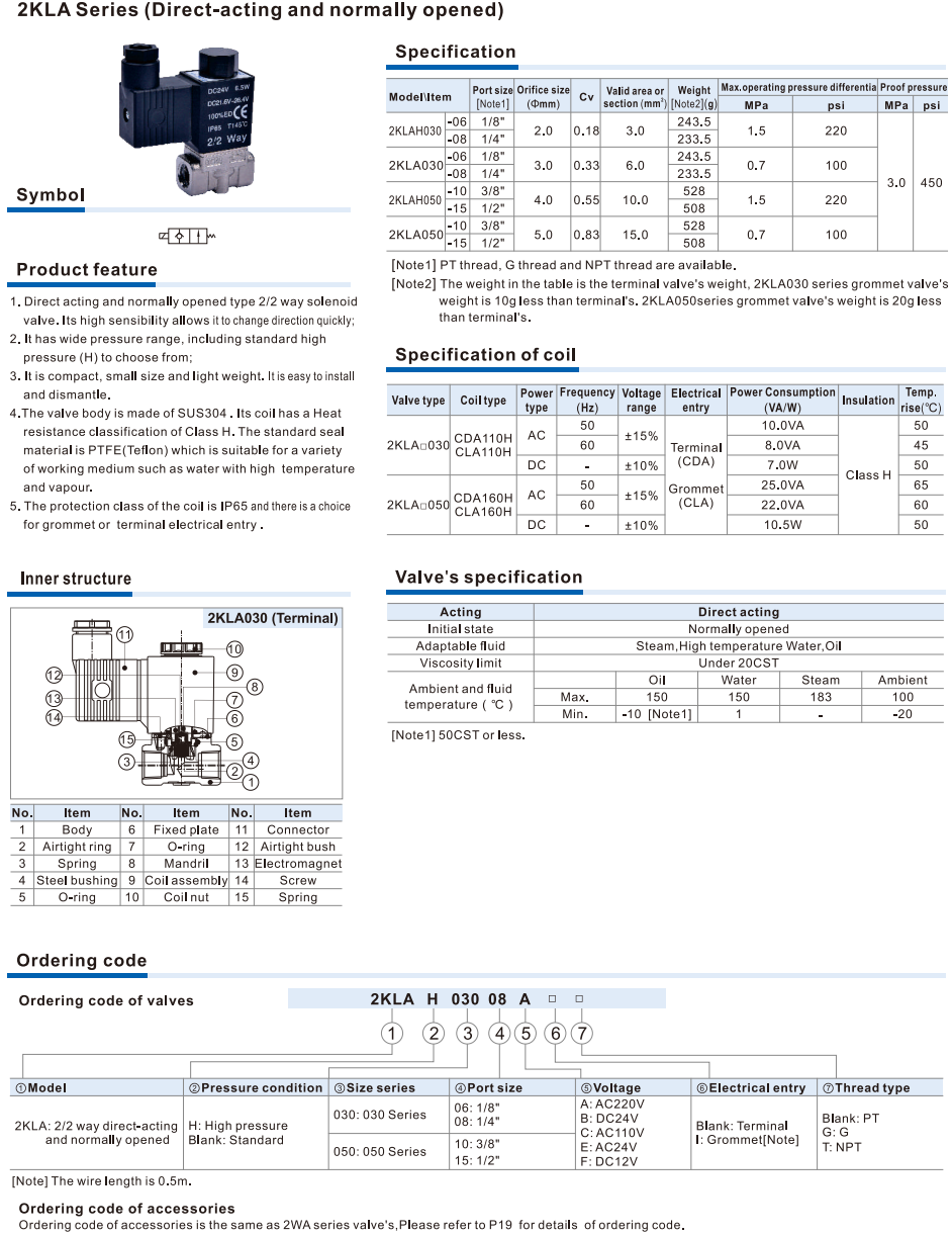 2KLA Series(Internally piloted and normally opened) Fluid Control Valve(2/2 way)