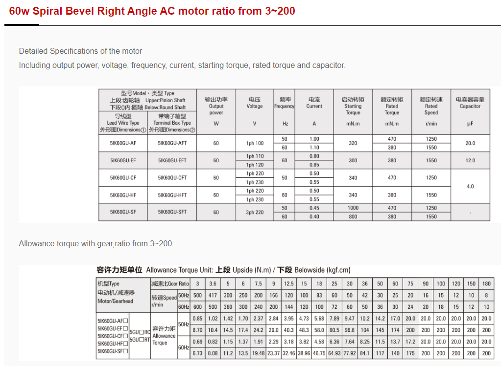 60w Spiral Bevel Right Angle AC motor ratio from 3~200