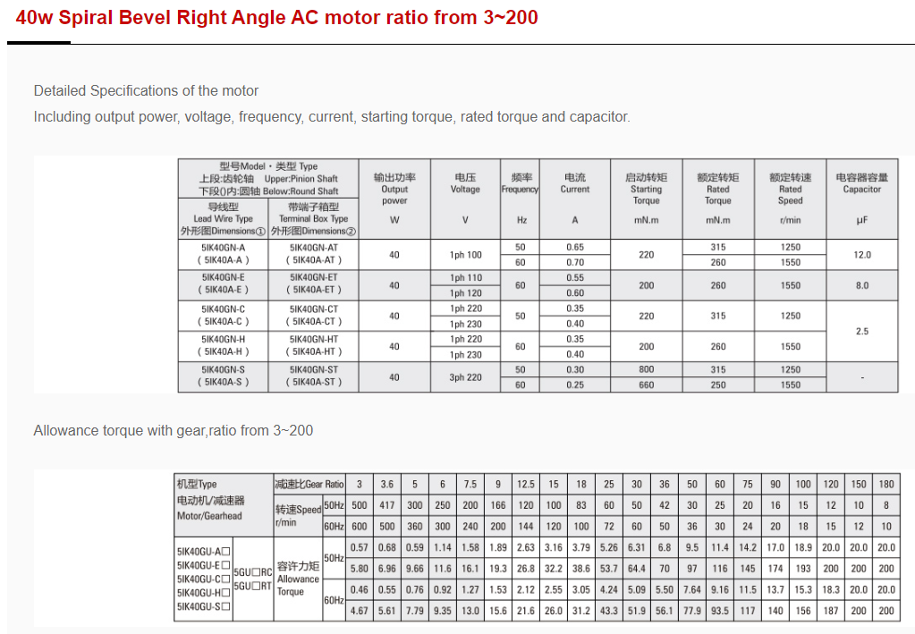 40w Spiral Bevel Right Angle AC motor ratio from 3~200