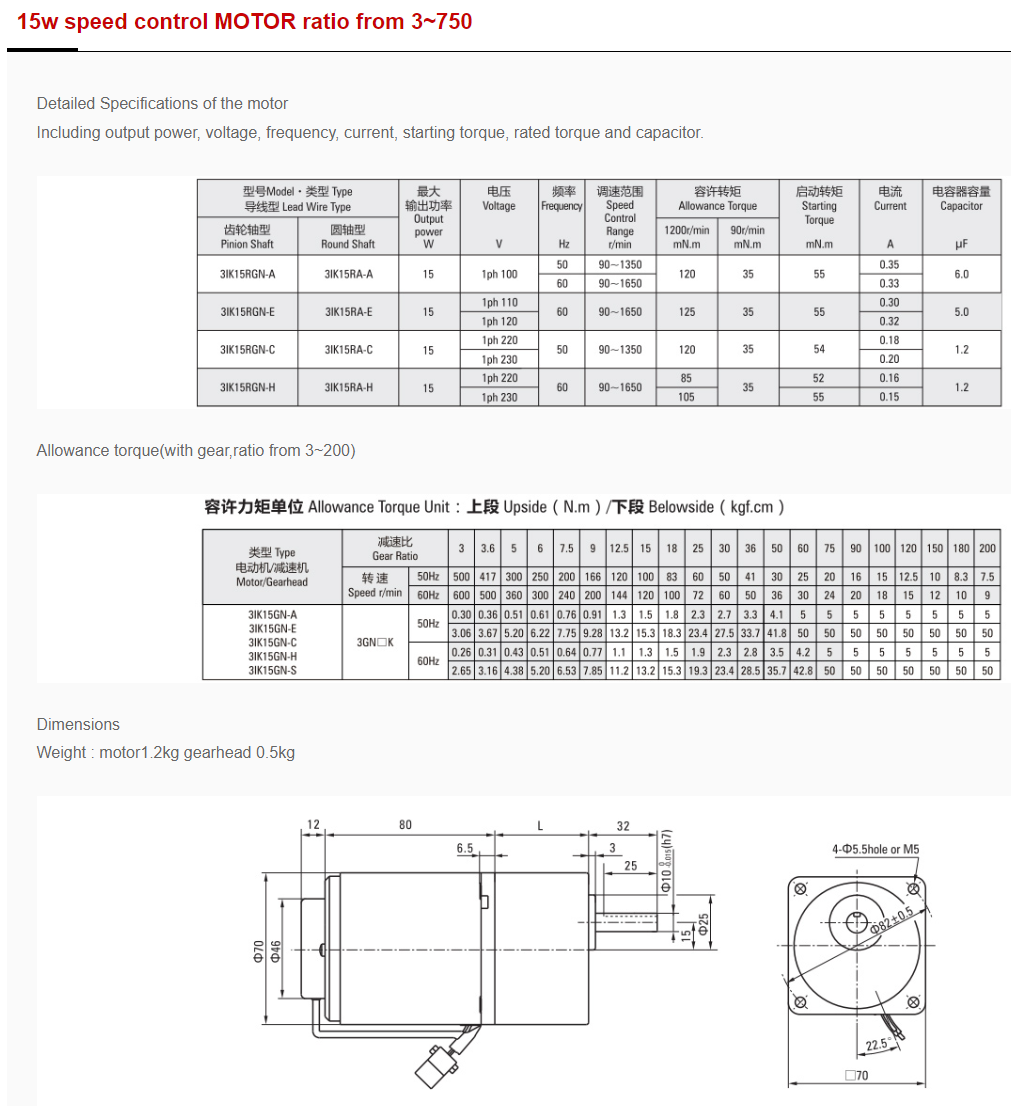 15w speed control MOTOR ratio from 3~750