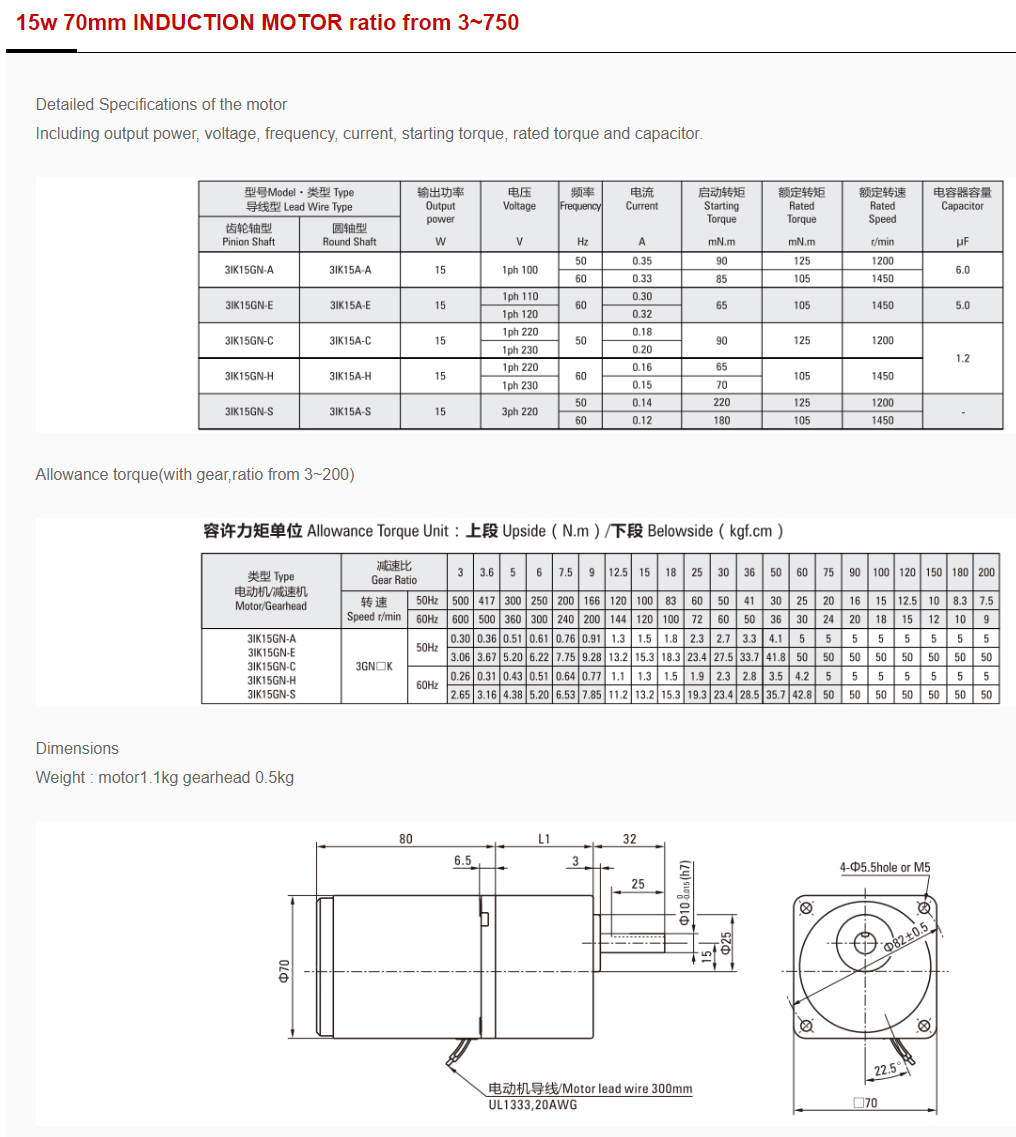 15w 70mm INDUCTION MOTOR ratio from 3~750