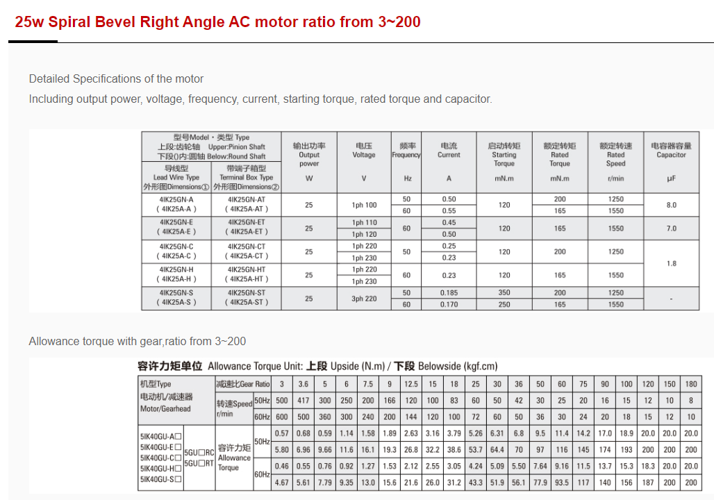 25w Spiral Bevel Right Angle AC motor ratio from 3~200