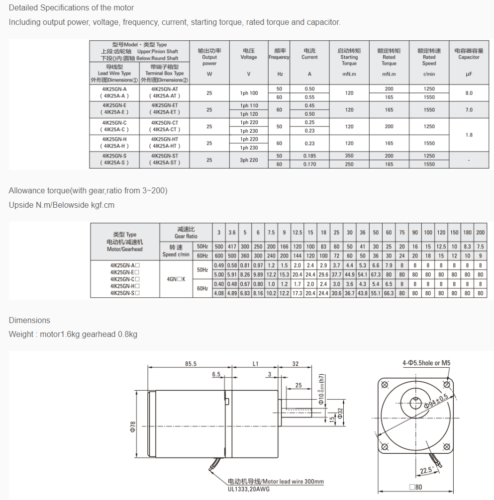 25w 80mm Induction Motor Ratio From 3~750