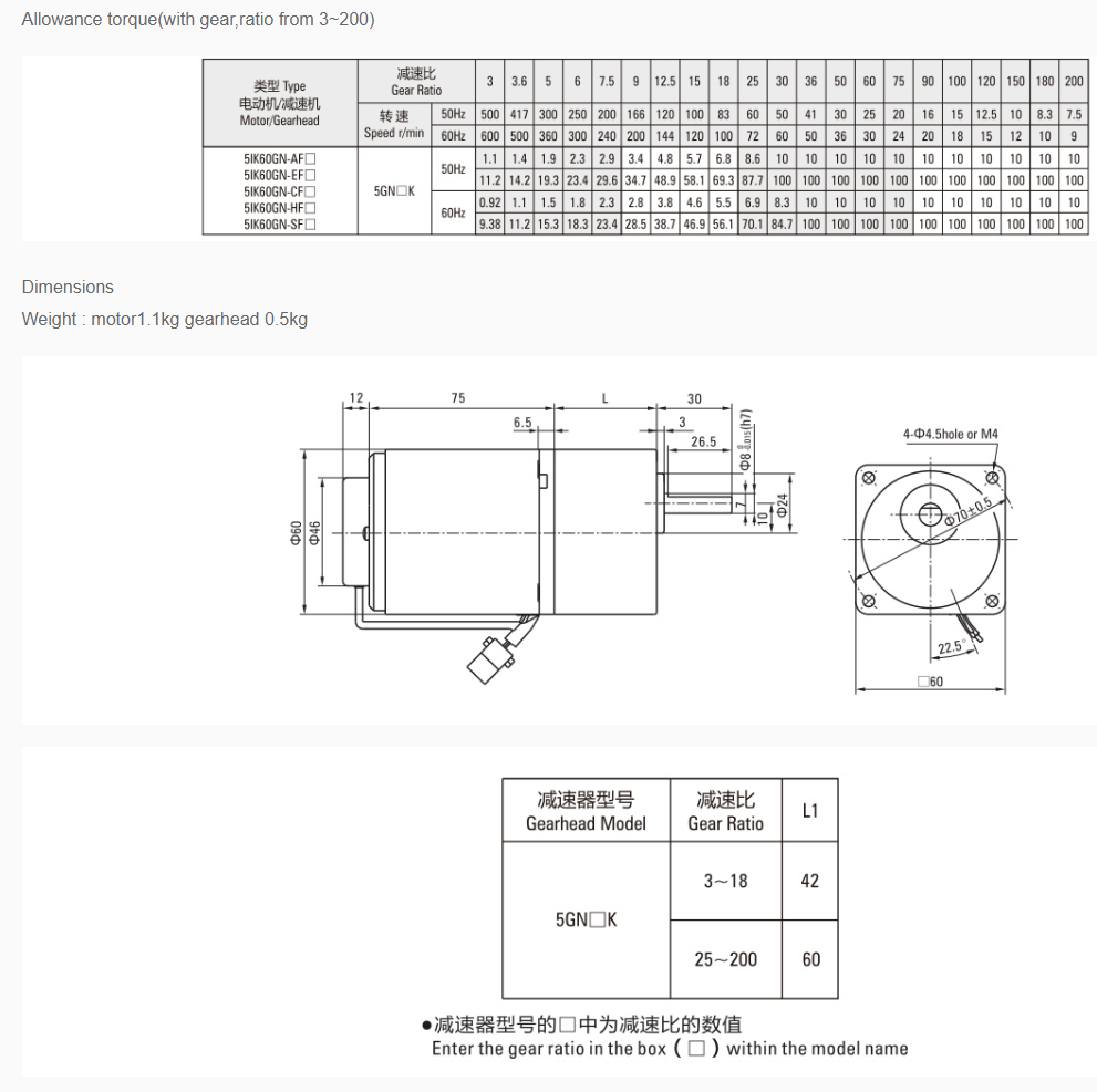 60wA Speed Control Motor Ratio From 3~750