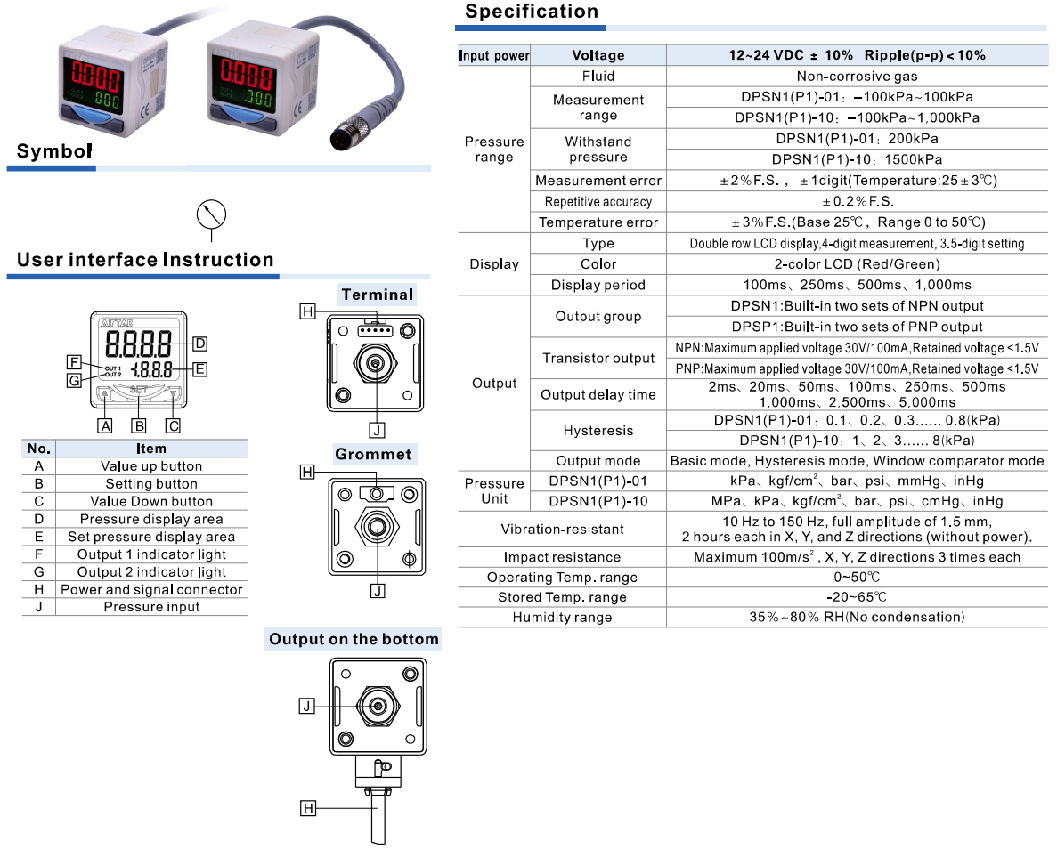 Cảm biến áp suất hiển thị số AirTAC DPS Series màn hình LCD 2 màu, ngõ ra NPN/PNP