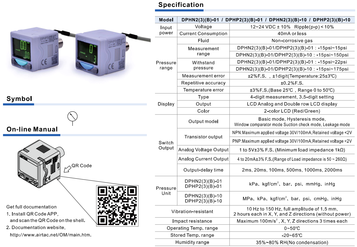 Cảm biến áp suất hiển thị số AirTAC DPH Series, ngõ ra analog, màn hình LCD 2 màu