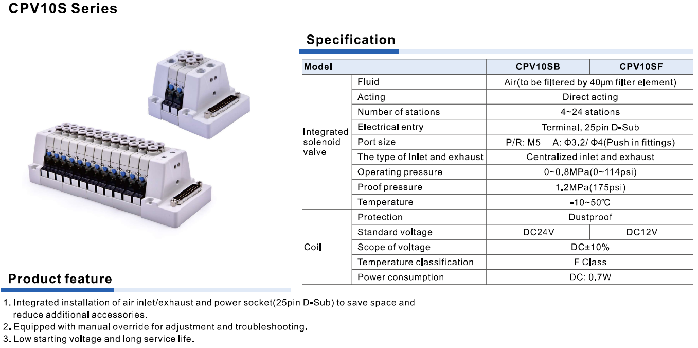 CPV10S Series Integrated Solenoid Valve Manifold, 4–24 Stations, DC12V/DC24V, Compact Pneumatic Control Valve