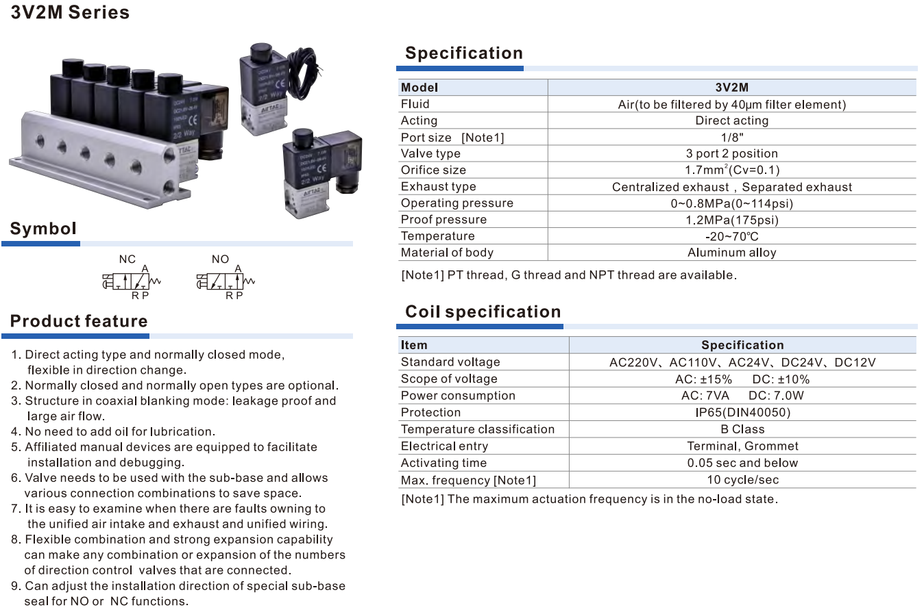 Van Điện Từ Khí Nén Airtac 3V2M Series, Cụm Van 3/2 Tác Động Trực Tiếp, Ren 1/8 Inch, Điện Áp AC/DC