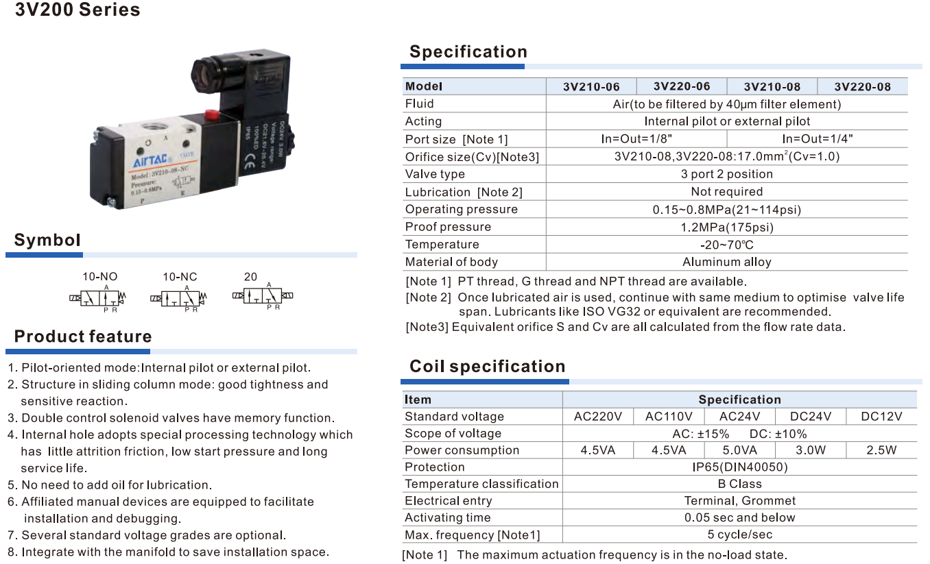 Van Điện Từ Khí Nén Airtac 3V200 Series, Van 3/2 Điều Khiển Pilot, Ren 1/8–1/4 Inch, Thân Nhôm