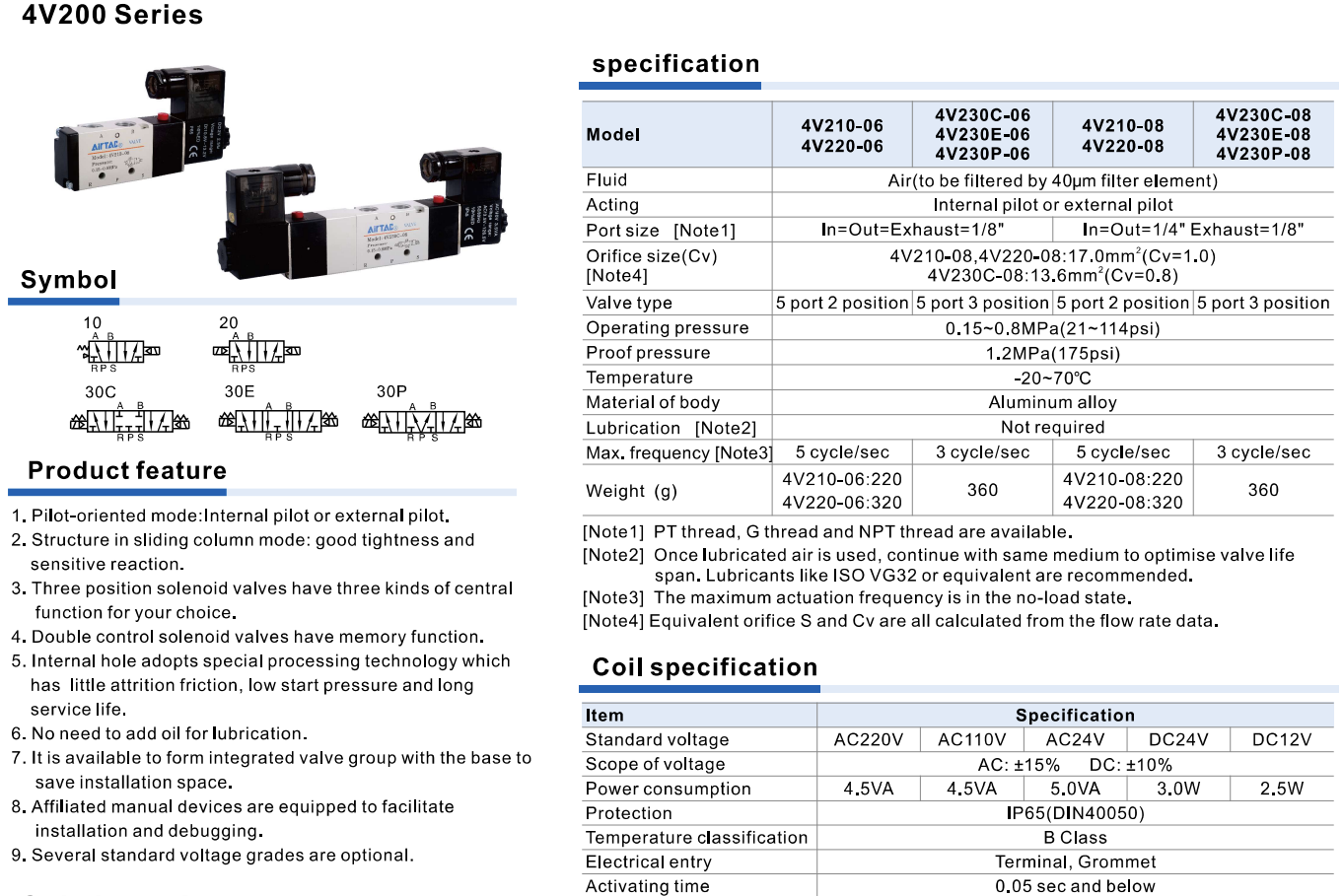 Airtac 4V200 Series Pneumatic Solenoid Valve, 5/2 & 5/3 Way Pilot Operated, 1/8”–1/4”, Aluminum Body