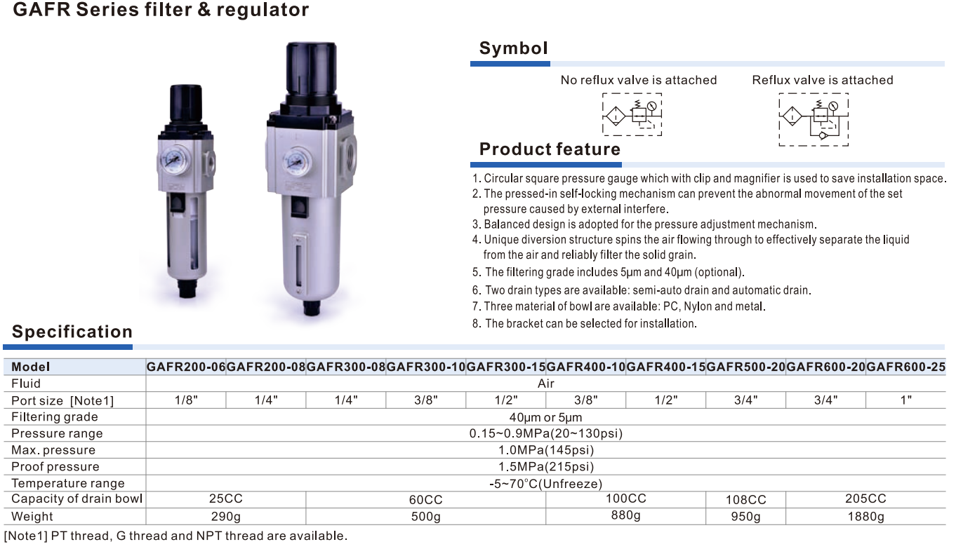 Bộ Lọc Điều Áp Khí Nén Airtac GAFR Series, Filter Regulator Khí Nén 1/8–1 Inch, GA Series