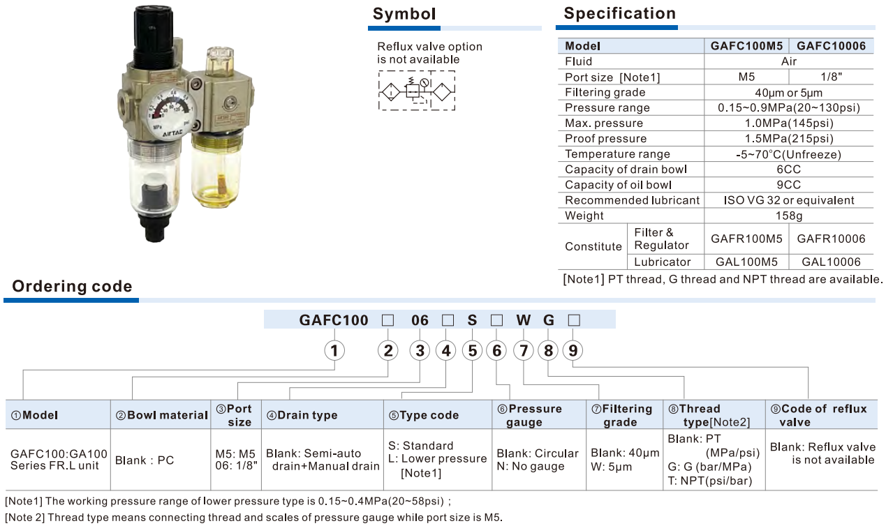 Bộ Lọc Điều Áp Bôi Trơn Khí Nén AIRTAC GAFC100 Series – FRL Combination GA Series