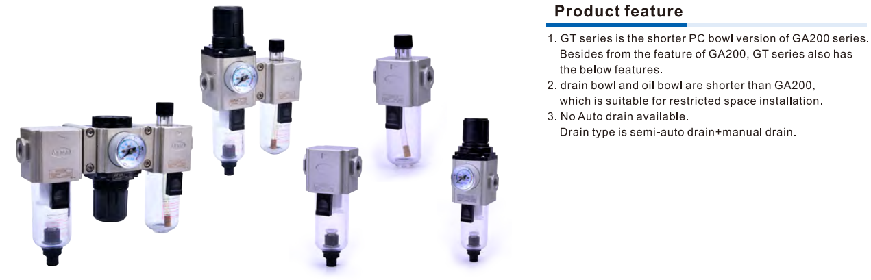 Bộ Xử Lý Khí Nén AIRTAC GT Series – Dòng PC Bowl Ngắn (GTC, GTFC, GTFR, GTF, GTL)