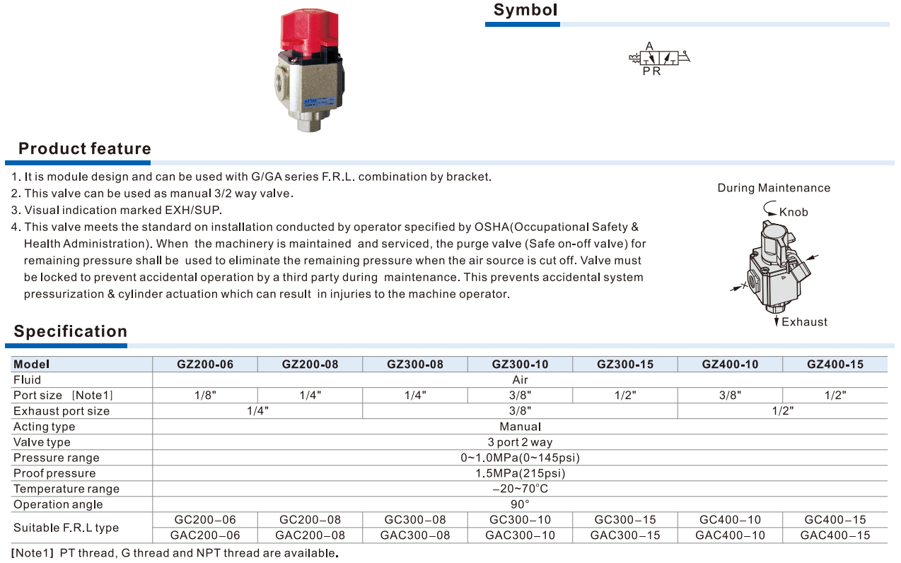Van An Toàn On-Off Khí Nén AIRTAC GZ Series – Van Xả Áp Bảo Trì Chuẩn OSHA