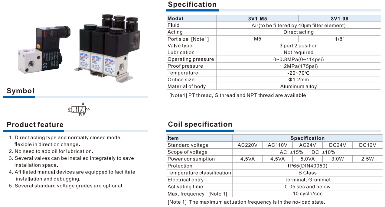 Van Điện Từ Khí Nén AIRTAC 3V1 Series – Solenoid Valve 3/2 Way Tác Động Trực Tiếp, Nhỏ Gọn
