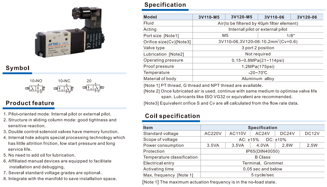Van Điện Từ Khí Nén AIRTAC 3V100 Series – Solenoid Valve 3/2 Way Điều Khiển Pilot