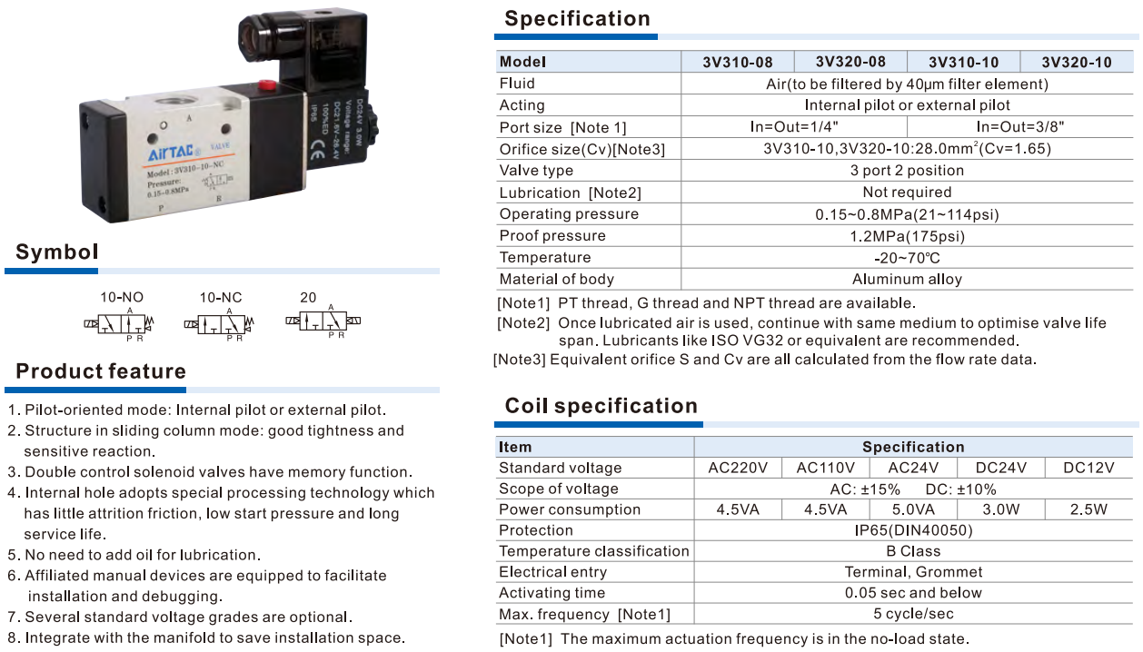 Van Điện Từ Khí Nén AIRTAC 3V300 Series – Solenoid Valve 3/2 Way Điều Khiển Pilot