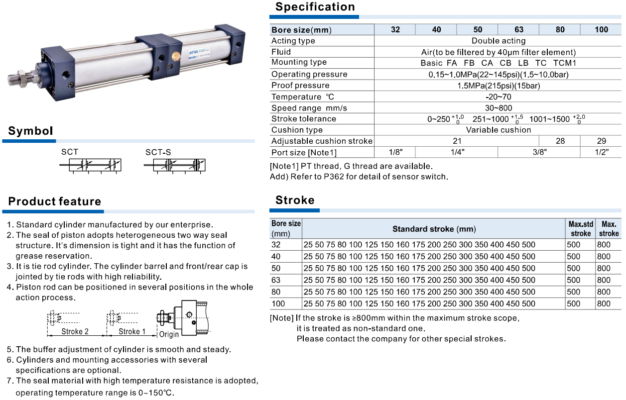 Xi Lanh Khí Nén AirTAC SCT Series Tie-Rod Tiêu Chuẩn Đa Vị Trí Tác Động Kép