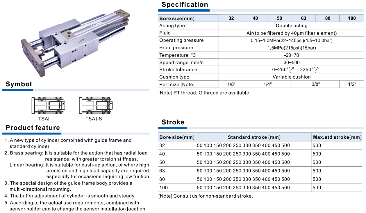 Xi Lanh Khí Nén AIRTAC TSAI Series Có Khung Dẫn Hướng Tác Động Kép