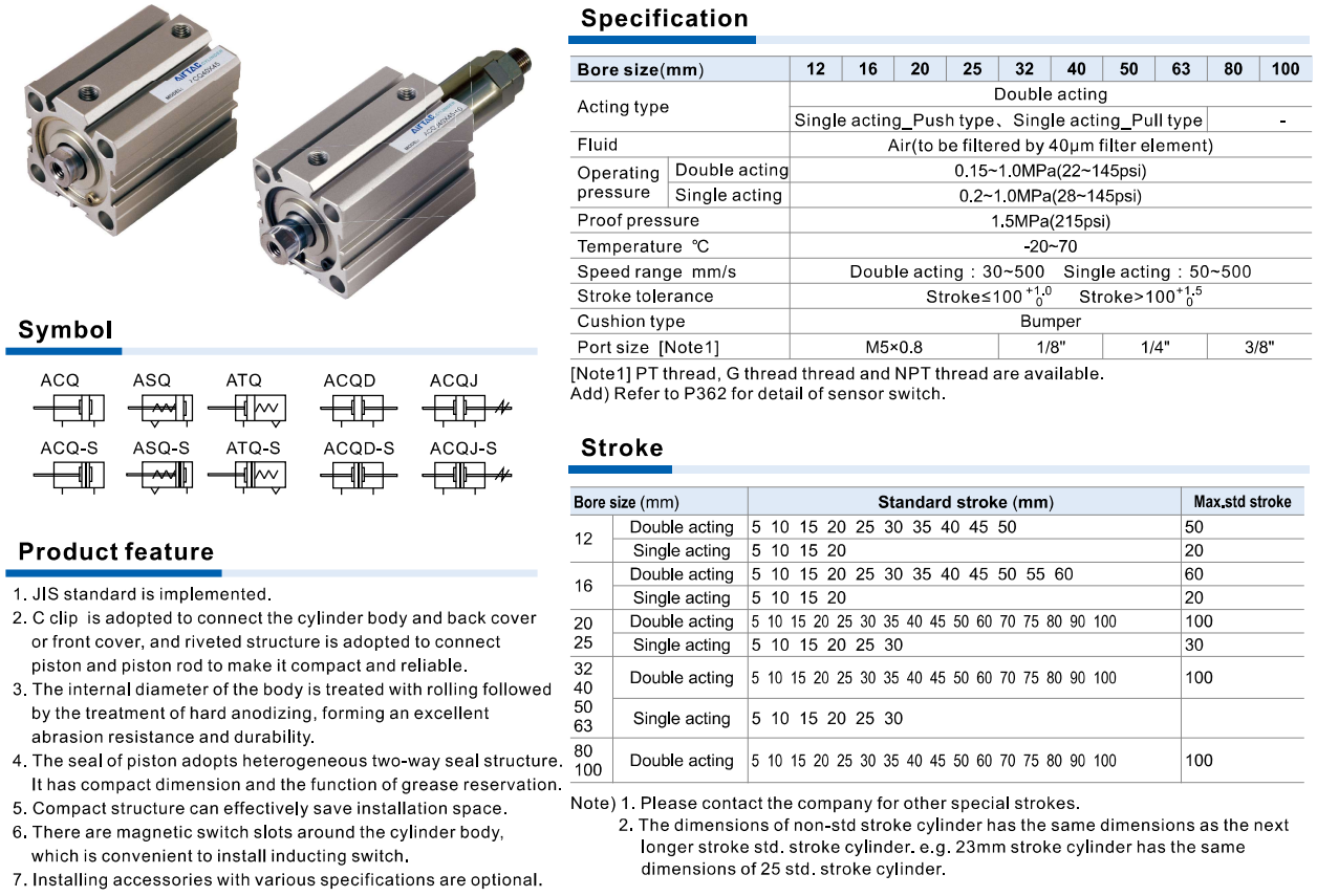 Xi lanh khí nén compact AirTAC ACQ Series – Thiết kế nhỏ gọn, hiệu suất cao