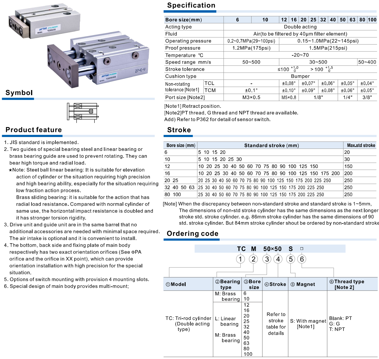 Airtac TCL / TCM – Xi Lanh Khí Nén Ba Ty Dẫn Hướng, Chịu Tải & Chống Xoay Cao